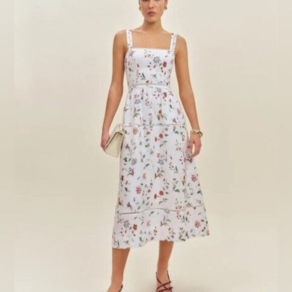NEW Reformation Everett Linen Midi Dress Corsini White Multi Floral | US 2 UK 6 - Picture 2 of 16